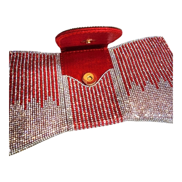 Women's Pavé Red & Silver Rhinestone Bowtie Shape Clutch Handbag Purse - Picture 4 of 7